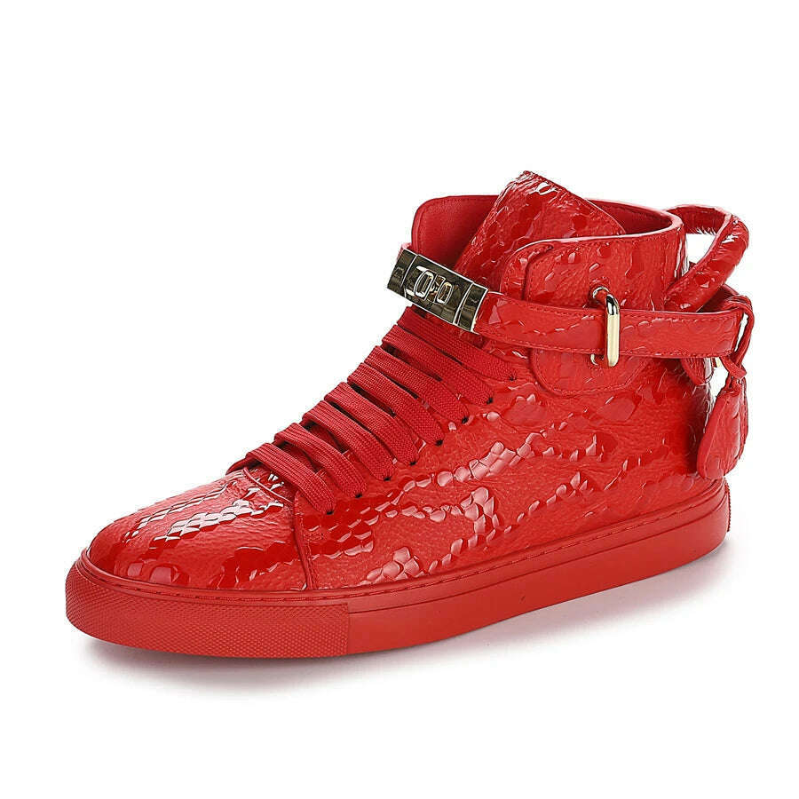 KIMLUD, Men Embossed High Top Sneakers Lock Lace Red Metal Real Leather Designer Flat Men Platform Casual Shoes, KIMLUD Womens Clothes