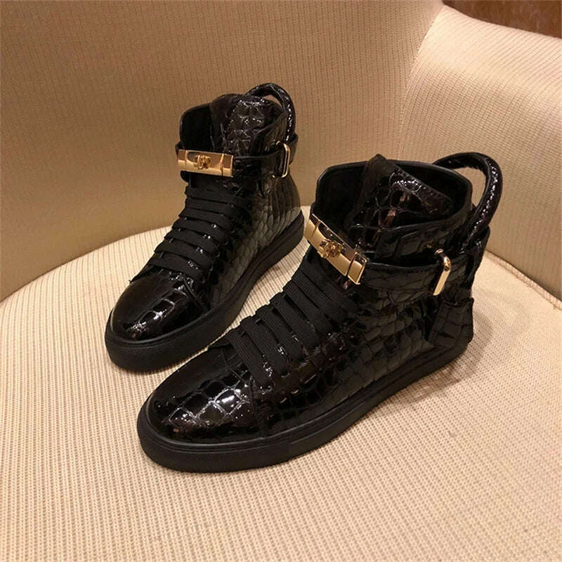 KIMLUD, Men Embossed High Top Sneakers Lock Lace Red Metal Real Leather Designer Flat Men Platform Casual Shoes, KIMLUD Womens Clothes