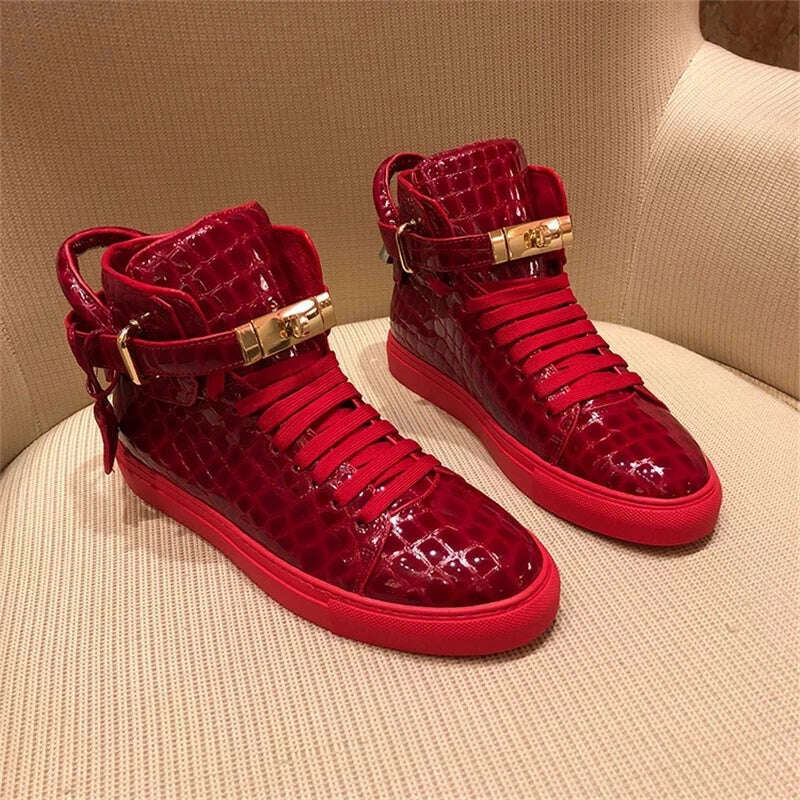 KIMLUD, Men Embossed High Top Sneakers Lock Lace Red Metal Real Leather Designer Flat Men Platform Casual Shoes, KIMLUD Womens Clothes