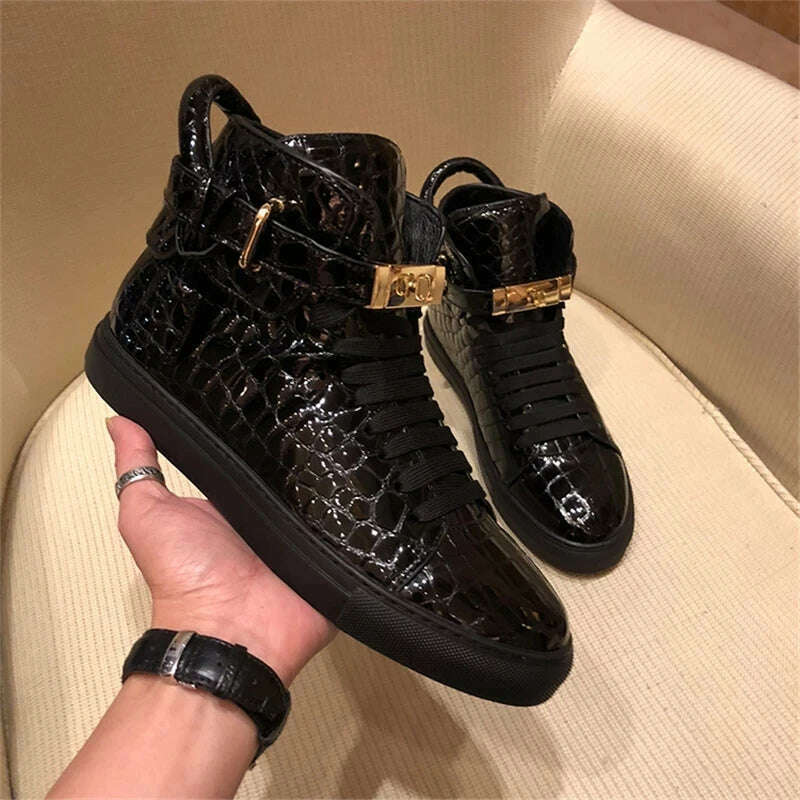 KIMLUD, Men Embossed High Top Sneakers Lock Lace Red Metal Real Leather Designer Flat Men Platform Casual Shoes, KIMLUD Womens Clothes