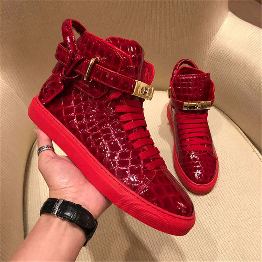KIMLUD, Men Embossed High Top Sneakers Lock Lace Red Metal Real Leather Designer Flat Men Platform Casual Shoes, KIMLUD Womens Clothes