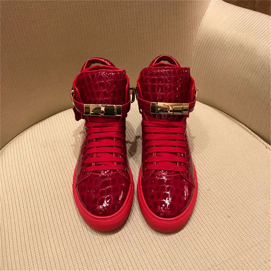 KIMLUD, Men Embossed High Top Sneakers Lock Lace Red Metal Real Leather Designer Flat Men Platform Casual Shoes, KIMLUD Womens Clothes