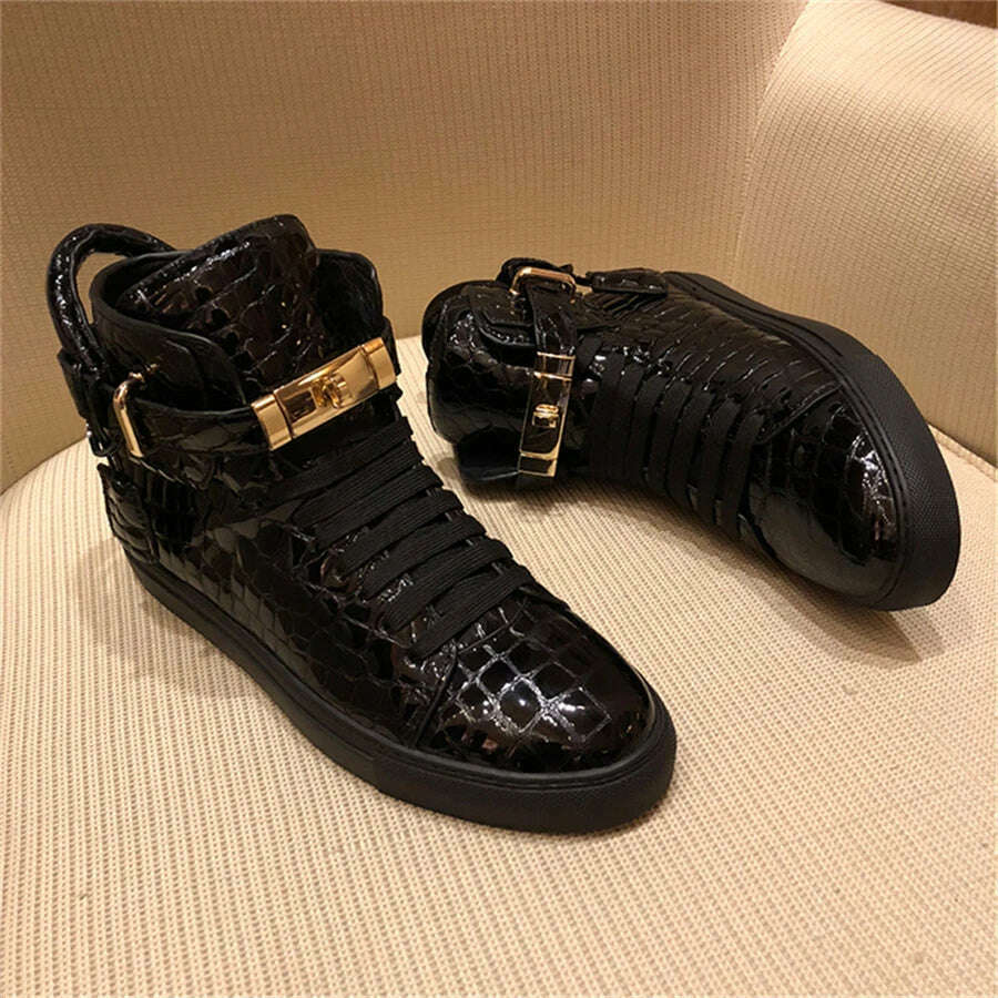 KIMLUD, Men Embossed High Top Sneakers Lock Lace Red Metal Real Leather Designer Flat Men Platform Casual Shoes, KIMLUD Womens Clothes