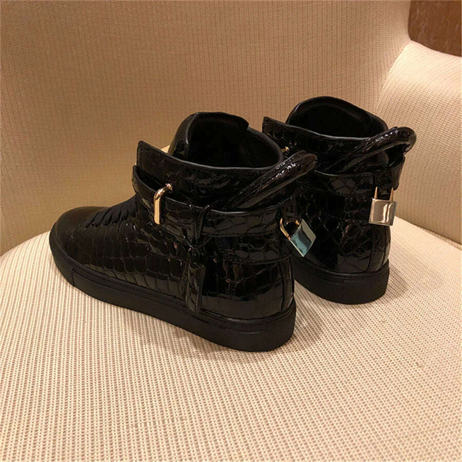KIMLUD, Men Embossed High Top Sneakers Lock Lace Red Metal Real Leather Designer Flat Men Platform Casual Shoes, KIMLUD Womens Clothes