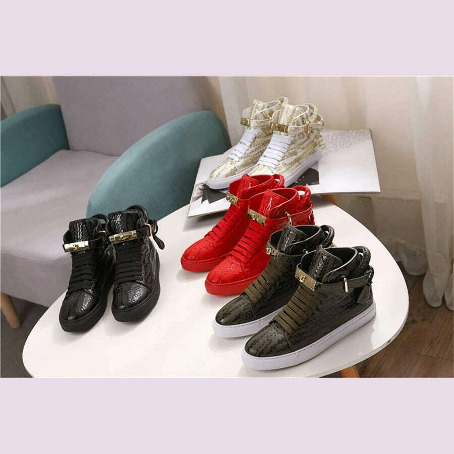 KIMLUD, Men Embossed High Top Sneakers Lock Lace Red Metal Real Leather Designer Flat Men Platform Casual Shoes, KIMLUD Womens Clothes