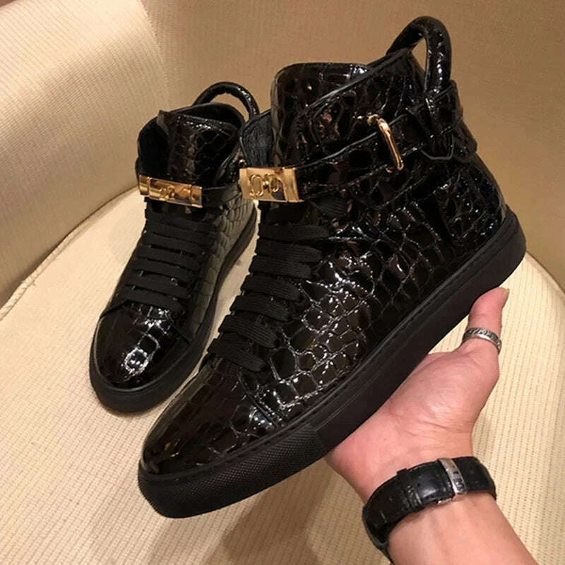 KIMLUD, Men Embossed High Top Sneakers Lock Lace Red Metal Real Leather Designer Flat Men Platform Casual Shoes, Black Shiny / 13.5, KIMLUD APPAREL - Womens Clothes
