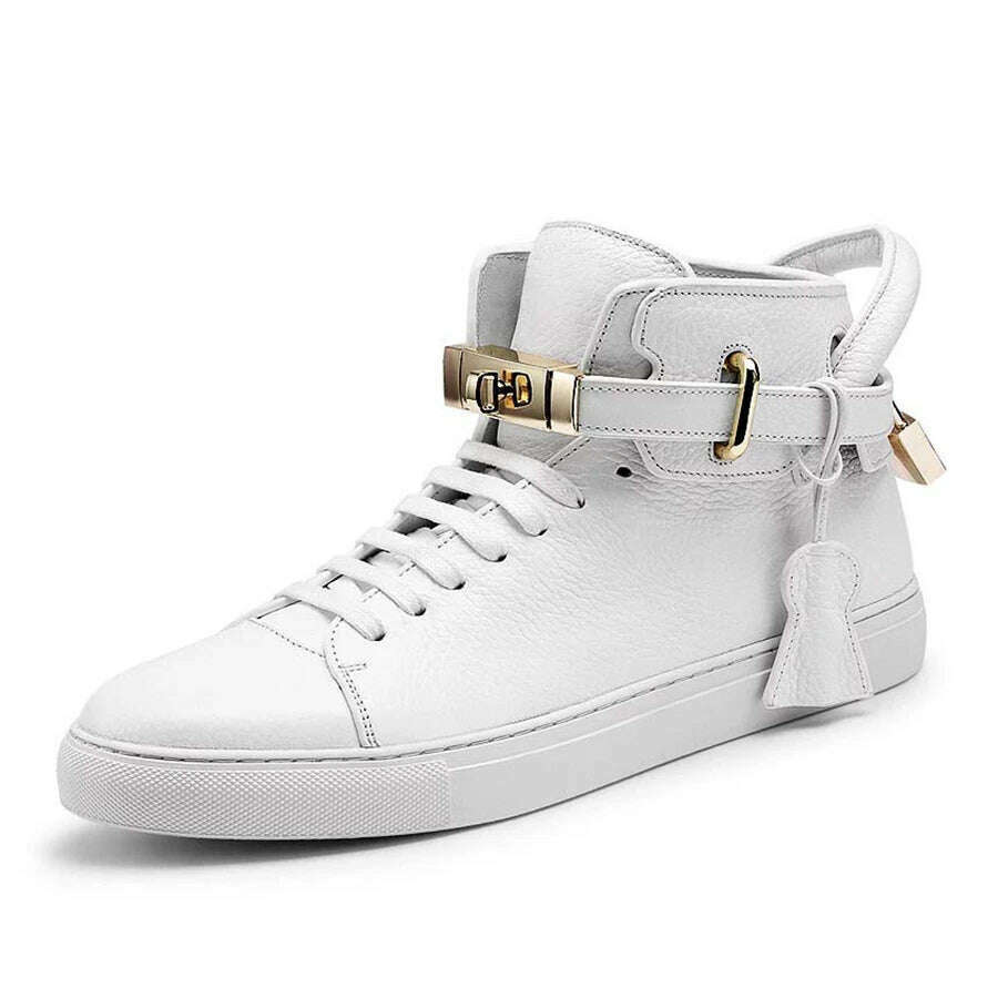 KIMLUD, Men Embossed High Top Sneakers Lock Lace Red Metal Real Leather Designer Flat Men Platform Casual Shoes, white smooth / 6, KIMLUD APPAREL - Womens Clothes