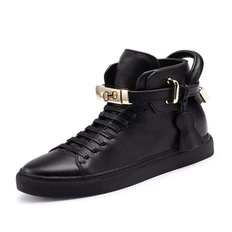 KIMLUD, Men Embossed High Top Sneakers Lock Lace Red Metal Real Leather Designer Flat Men Platform Casual Shoes, Black smooth / 13.5, KIMLUD APPAREL - Womens Clothes