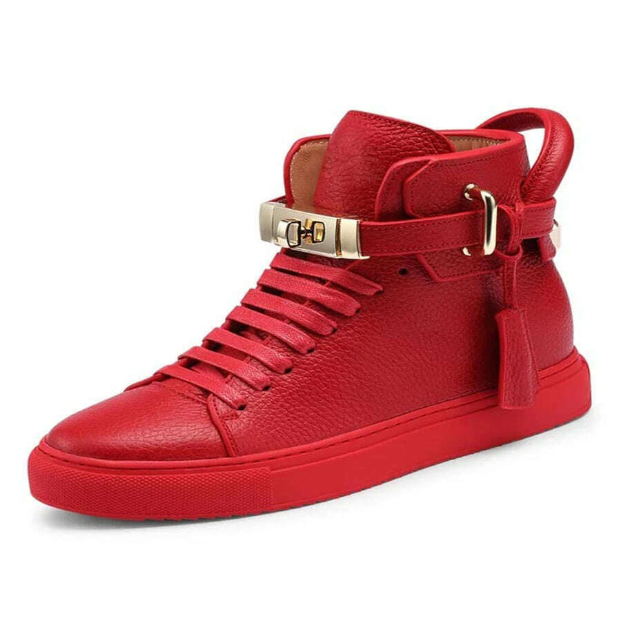 KIMLUD, Men Embossed High Top Sneakers Lock Lace Red Metal Real Leather Designer Flat Men Platform Casual Shoes, Red smooth / 10.5, KIMLUD APPAREL - Womens Clothes