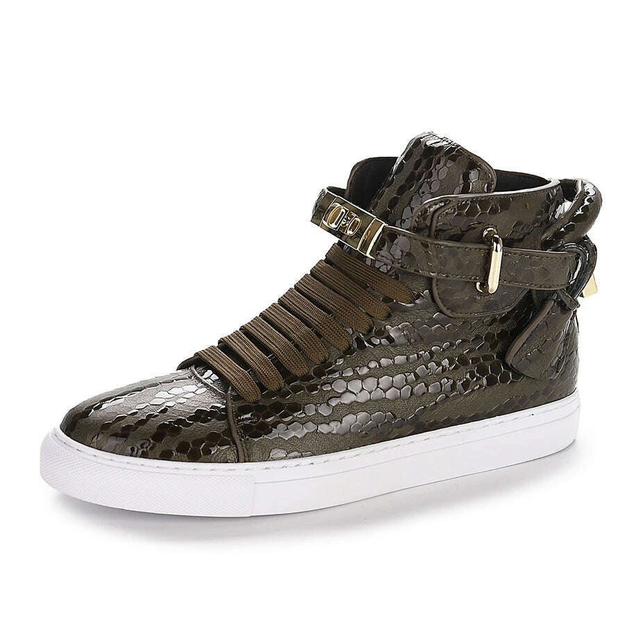 KIMLUD, Men Embossed High Top Sneakers Lock Lace Red Metal Real Leather Designer Flat Men Platform Casual Shoes, Army Green / 7, KIMLUD APPAREL - Womens Clothes