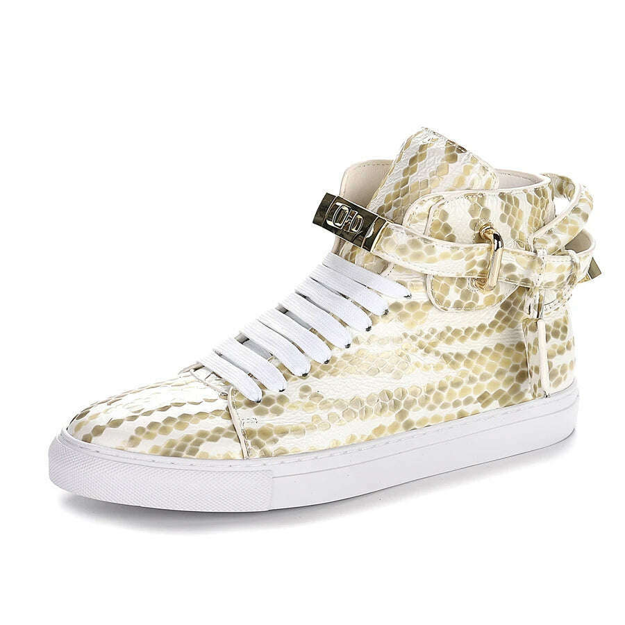 KIMLUD, Men Embossed High Top Sneakers Lock Lace Red Metal Real Leather Designer Flat Men Platform Casual Shoes, White / 9, KIMLUD APPAREL - Womens Clothes