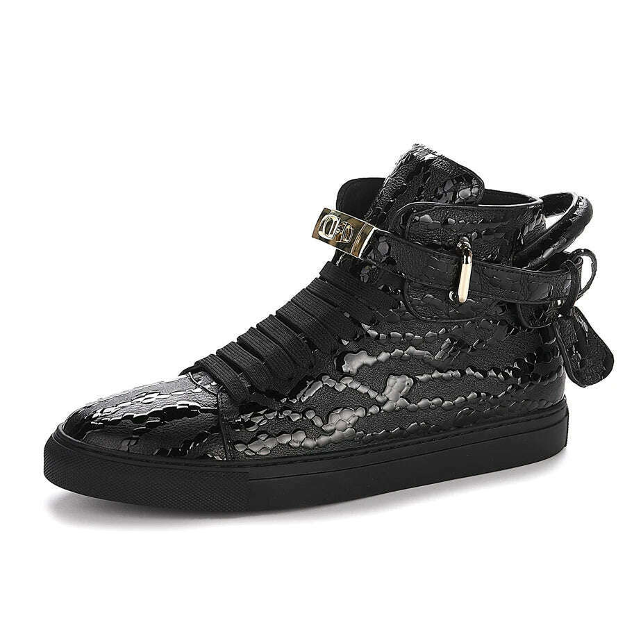 KIMLUD, Men Embossed High Top Sneakers Lock Lace Red Metal Real Leather Designer Flat Men Platform Casual Shoes, Black / 11.5, KIMLUD APPAREL - Womens Clothes