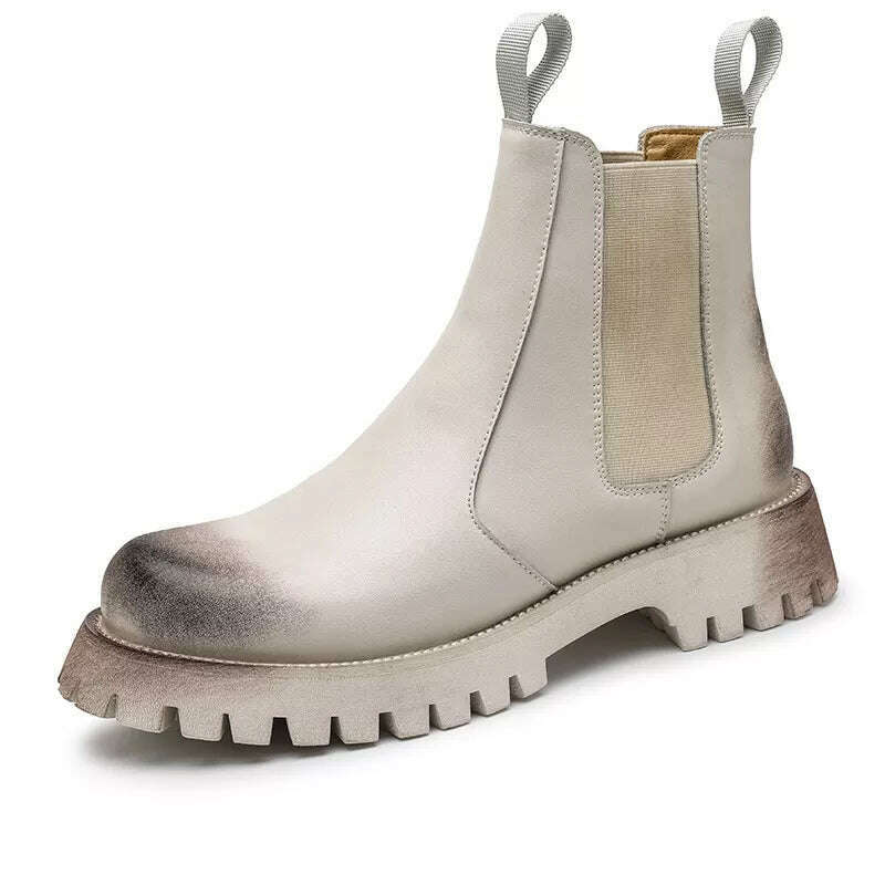 KIMLUD, Men Fashion Stage Nightclub Wear Chelsea Boots Genuine Leather Platform Shoes Black White Cowboy Boot Autumn Winter Ankle Botas, white without cotton / 38, KIMLUD Women's Clothes
