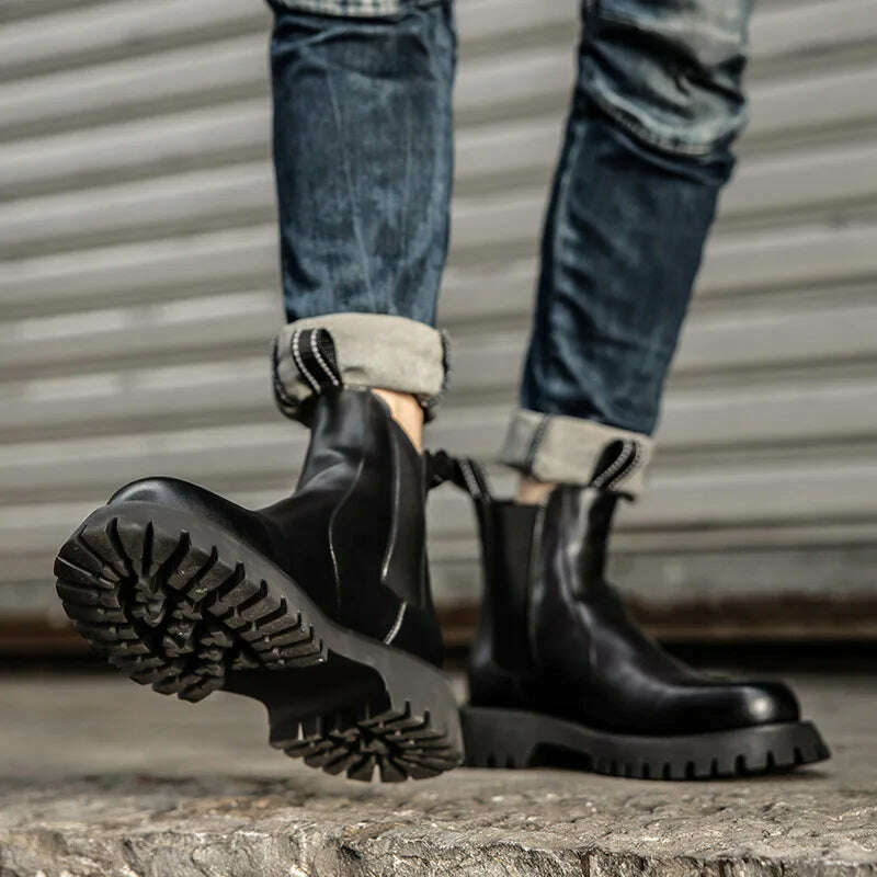 KIMLUD, Men Fashion Stage Nightclub Wear Chelsea Boots Genuine Leather Platform Shoes Black White Cowboy Boot Autumn Winter Ankle Botas, KIMLUD Womens Clothes