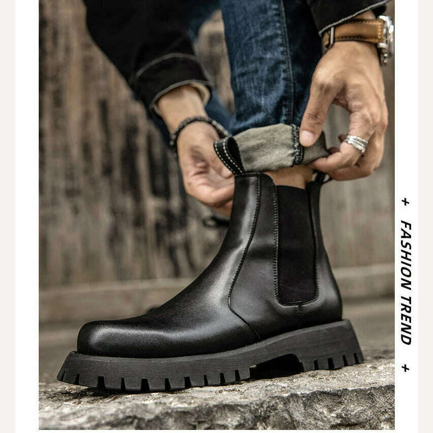 KIMLUD, Men Fashion Stage Nightclub Wear Chelsea Boots Genuine Leather Platform Shoes Black White Cowboy Boot Autumn Winter Ankle Botas, KIMLUD Womens Clothes