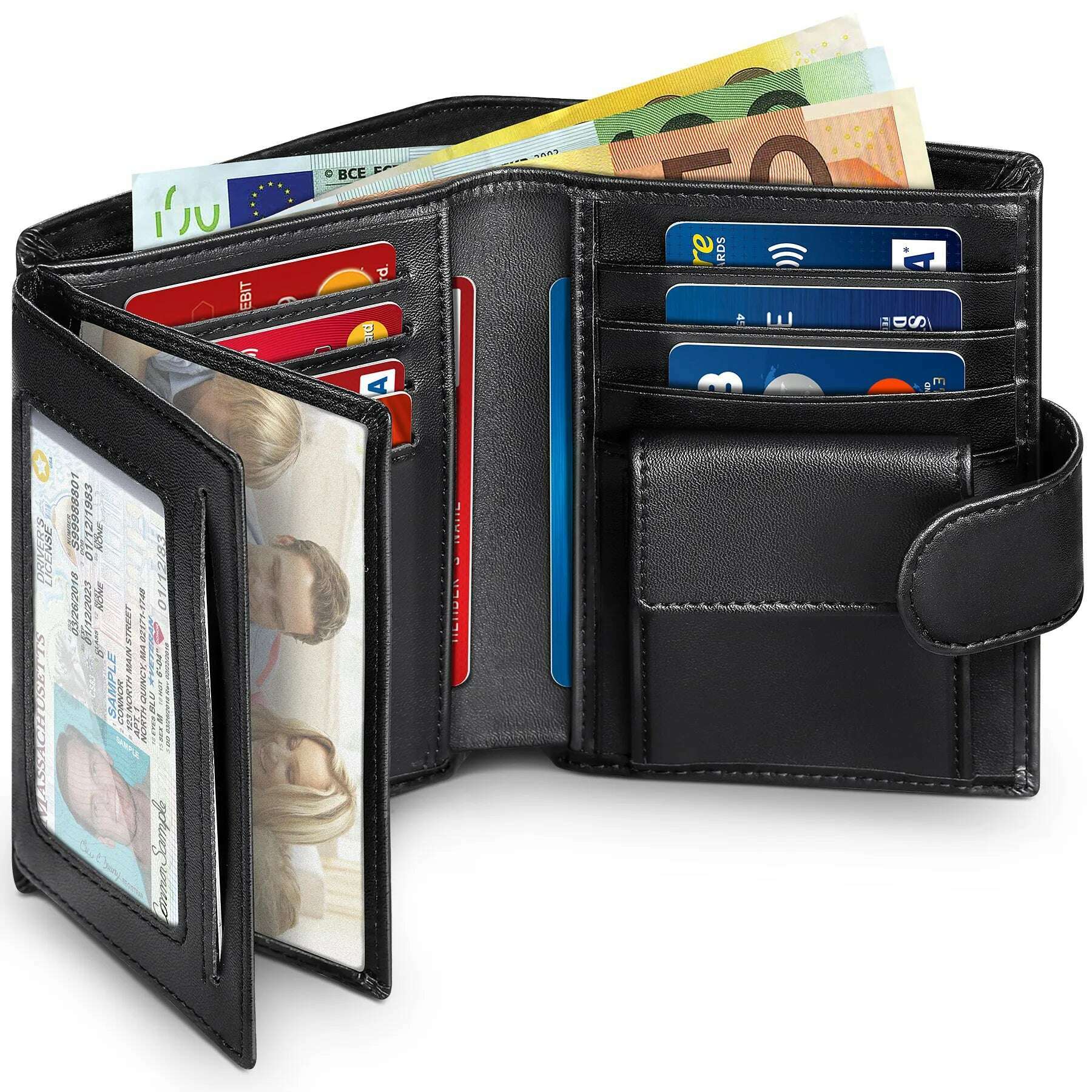 KIMLUD, Men Genuine Leather Wallet Business Purse RFID Card Holder Transparent Windows Bank Note Coin Compartment Black, Black, KIMLUD Womens Clothes