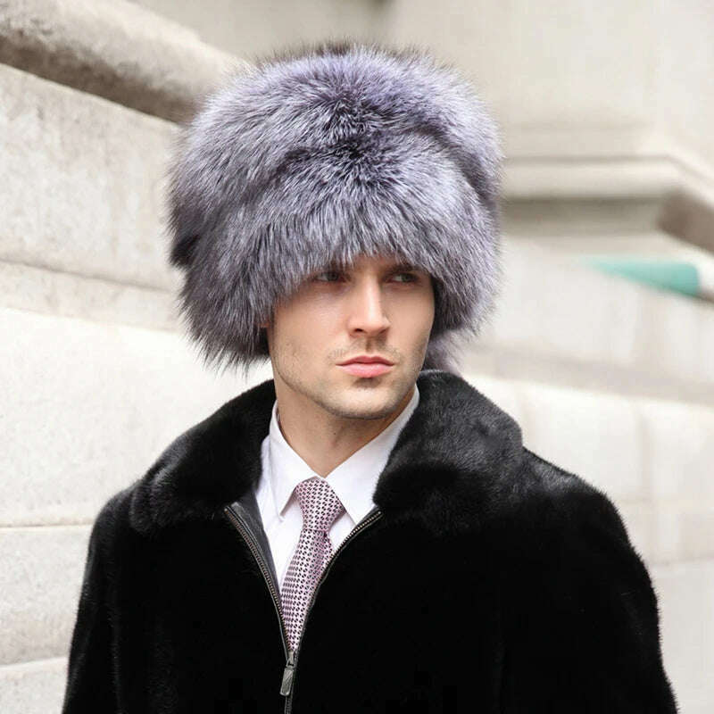 KIMLUD, Men Real Fox Fur Beanies Hat Mongolian Hat Unique Process Fox Tail Design Luxury Winter Warm Hats For Fashion Men Bomber Hat, KIMLUD Womens Clothes