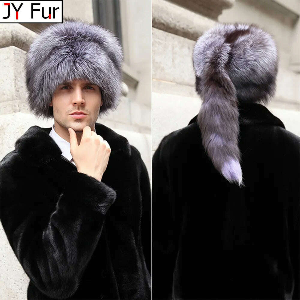 KIMLUD, Men Real Fox Fur Beanies Hat Mongolian Hat Unique Process Fox Tail Design Luxury Winter Warm Hats For Fashion Men Bomber Hat, KIMLUD Womens Clothes