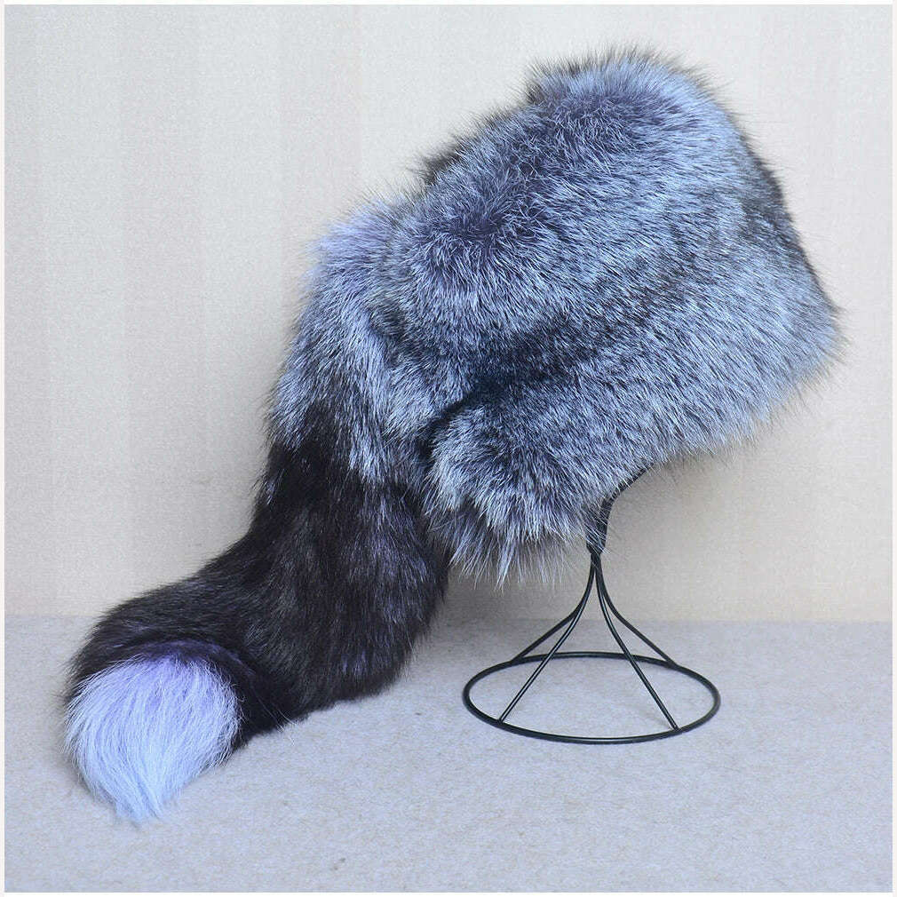 KIMLUD, Men Real Fox Fur Beanies Hat Mongolian Hat Unique Process Fox Tail Design Luxury Winter Warm Hats For Fashion Men Bomber Hat, silver fox fur, KIMLUD APPAREL - Womens Clothes