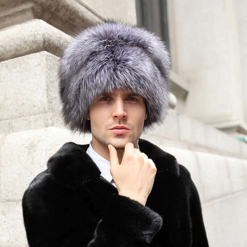 KIMLUD, Men Real Fox Fur Beanies Hat Mongolian Hat Unique Process Fox Tail Design Luxury Winter Warm Hats For Fashion Men Bomber Hat, KIMLUD Womens Clothes