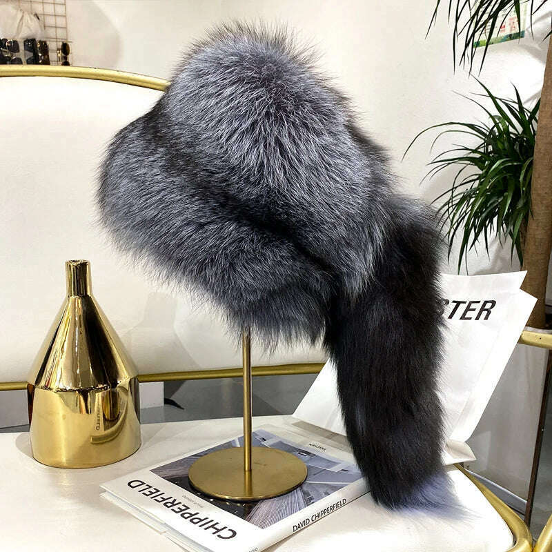 KIMLUD, Men Real Fox Fur Beanies Hat Mongolian Hat Unique Process Fox Tail Design Luxury Winter Warm Hats For Fashion Men Bomber Hat, KIMLUD Womens Clothes