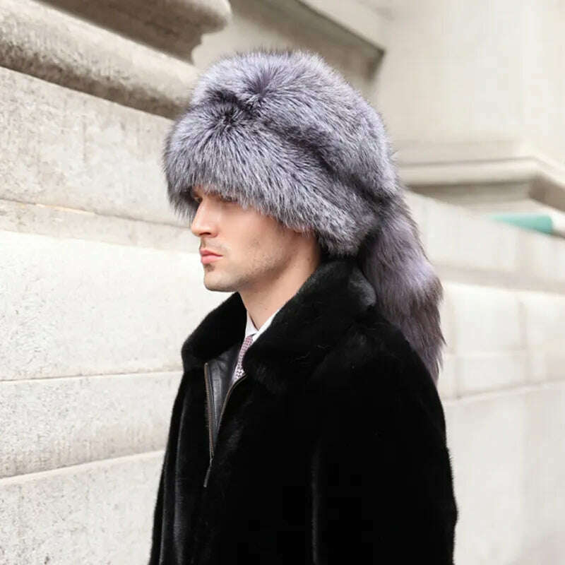 KIMLUD, Men Real Fox Fur Beanies Hat Mongolian Hat Unique Process Fox Tail Design Luxury Winter Warm Hats For Fashion Men Bomber Hat, KIMLUD Women's Clothes