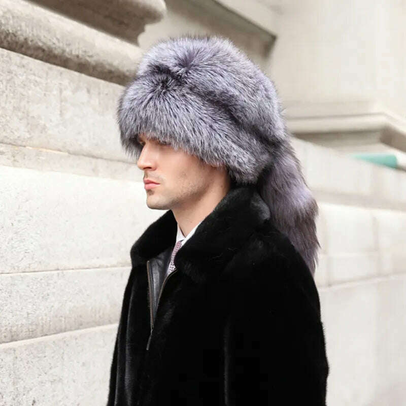 KIMLUD, Men Real Fox Fur Beanies Hat Mongolian Hat Unique Process Fox Tail Design Luxury Winter Warm Hats For Fashion Men Bomber Hat, KIMLUD Womens Clothes
