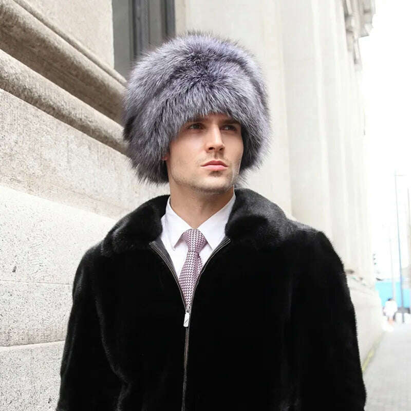 KIMLUD, Men Real Fox Fur Beanies Hat Mongolian Hat Unique Process Fox Tail Design Luxury Winter Warm Hats For Fashion Men Bomber Hat, KIMLUD Womens Clothes