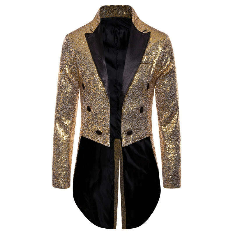 KIMLUD, Men Shiny Sequin Glitter Embellished Blazer Jacket Men Nightclub Prom Suit Blazer Costume Homme Singers Stage Clothes Tuxedo new, Gold / S, KIMLUD Womens Clothes