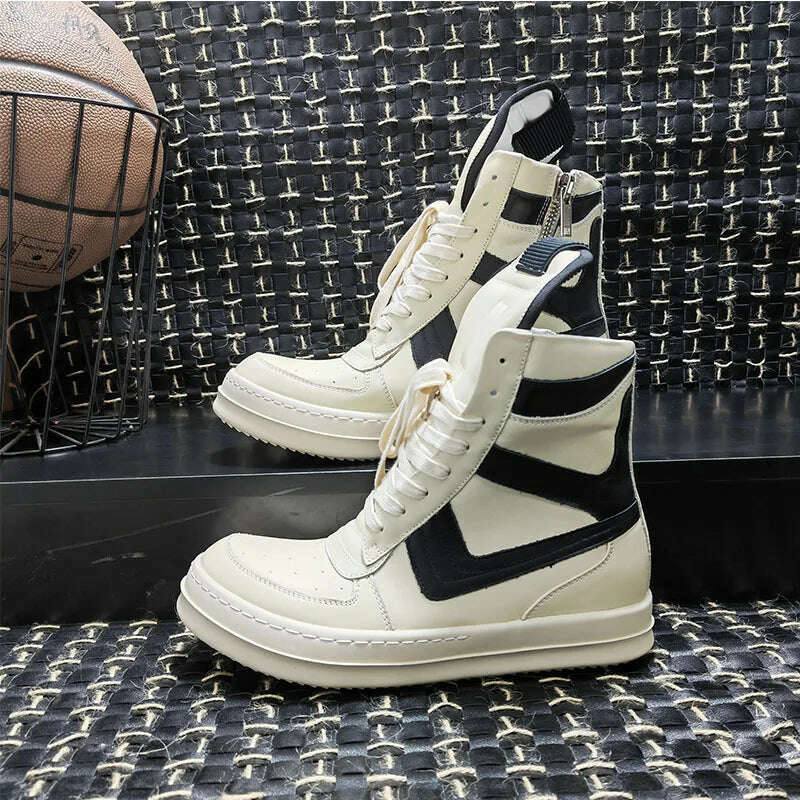 Men Shoes Genuine Leather High Top Boots For Women Vintage Original Luxury Trainers High Street Zip Sneakers - KIMLUD