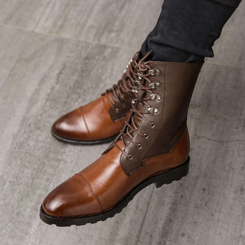 KIMLUD, Men Short Boots Brown PU Round Head Low Heel Wing Tip Lace Up Fashion Versatile Casual Street Outdoor Daily Dress Shoes, KIMLUD Womens Clothes
