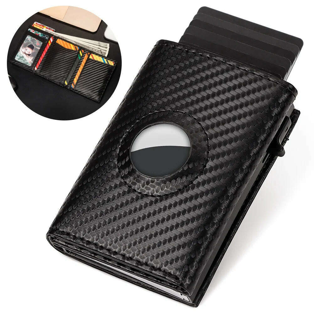 Men Smart Wallet Credit Card Holder for AirTag Carbon Fiber Aluminum Automatic Pop Out Cardholder Case with Money Clip - KIMLUD