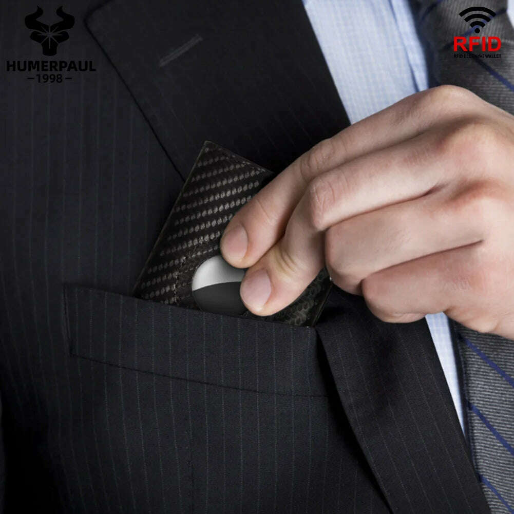 Men Smart Wallet Credit Card Holder for AirTag Carbon Fiber Aluminum Automatic Pop Out Cardholder Case with Money Clip - KIMLUD
