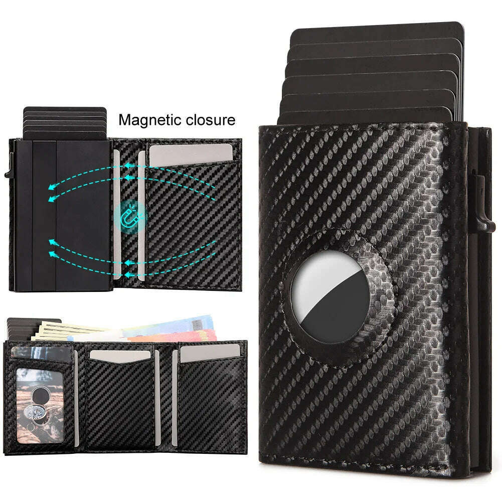 Men Smart Wallet Credit Card Holder for AirTag Carbon Fiber Aluminum Automatic Pop Out Cardholder Case with Money Clip - KIMLUD