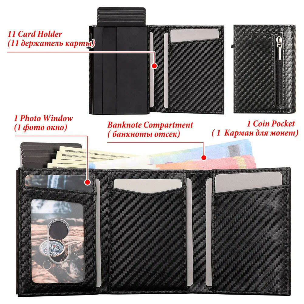 Men Smart Wallet Credit Card Holder for AirTag Carbon Fiber Aluminum Automatic Pop Out Cardholder Case with Money Clip - KIMLUD