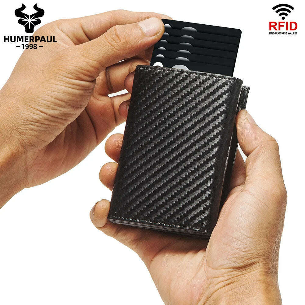 Men Smart Wallet Credit Card Holder for AirTag Carbon Fiber Aluminum Automatic Pop Out Cardholder Case with Money Clip - KIMLUD