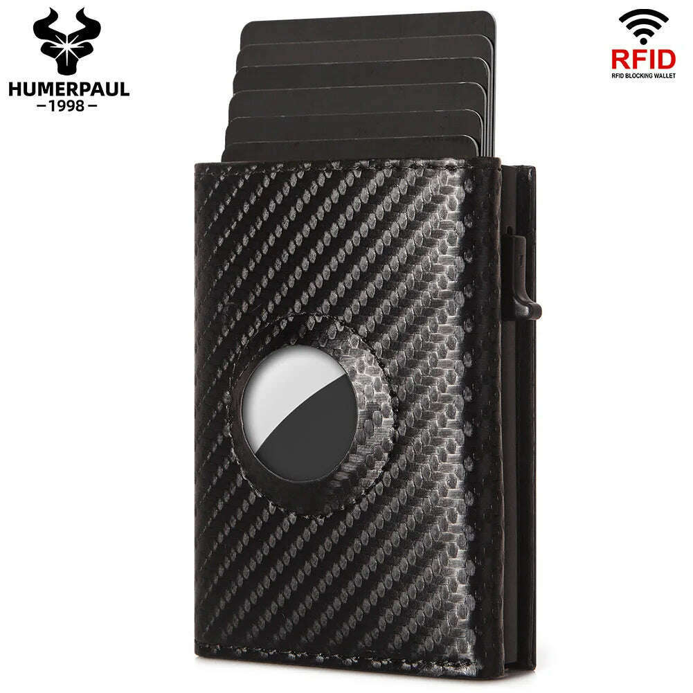 Men Smart Wallet Credit Card Holder for AirTag Carbon Fiber Aluminum Automatic Pop Out Cardholder Case with Money Clip - KIMLUD