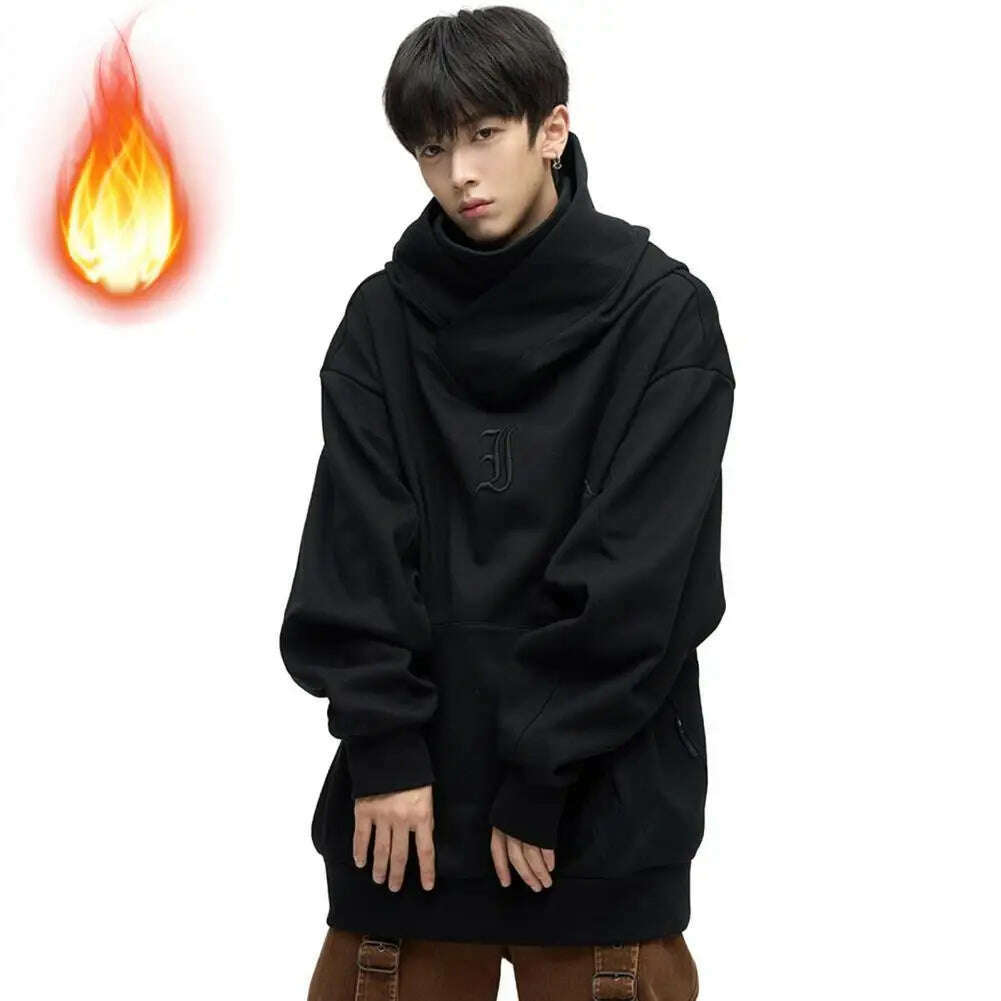 Men Sweatshirt Japanese Harajuku Streetwear Cyber Punk Scarf Collar Hoodie Winter Autumn Comfortable Pullover Sweatshirt - KIMLUD