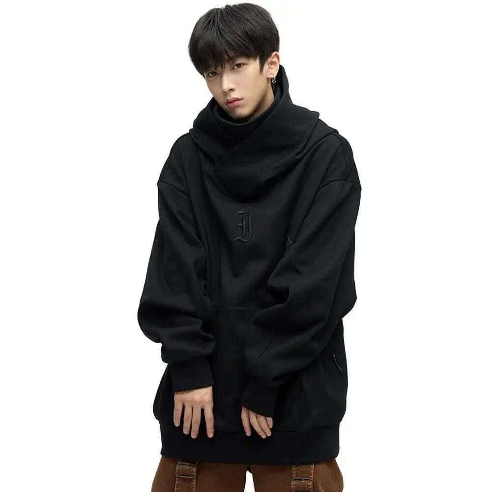KIMLUD, Men Sweatshirt Japanese Harajuku Streetwear Cyber Punk Scarf Collar Hoodie Winter Autumn Comfortable Pullover Sweatshirt, Black / M, KIMLUD Womens Clothes