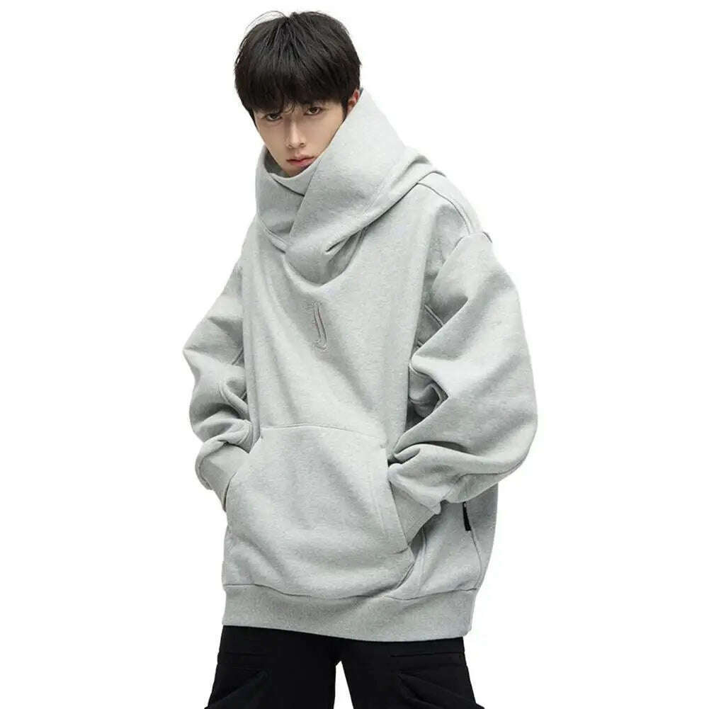 KIMLUD, Men Sweatshirt Japanese Harajuku Streetwear Cyber Punk Scarf Collar Hoodie Winter Autumn Comfortable Pullover Sweatshirt, Grey / M, KIMLUD Womens Clothes