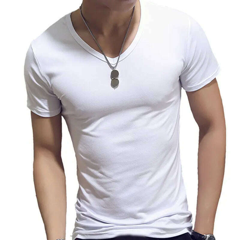 KIMLUD, Men T Shirt Fashion Fitness V Neck Short Sleeve T-Shirt Summer Casual Gym Solid Color Tops Plus Size Slim Polyester T-Shirts, KIMLUD Womens Clothes