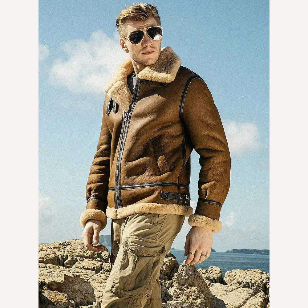 KIMLUD, Men Thick Winter Shearling Sheepskin Genuine Leather Coat Male B3 Bomber Aviator Outerwear Trench Flight Real Leather Jacket, KIMLUD Women's Clothes