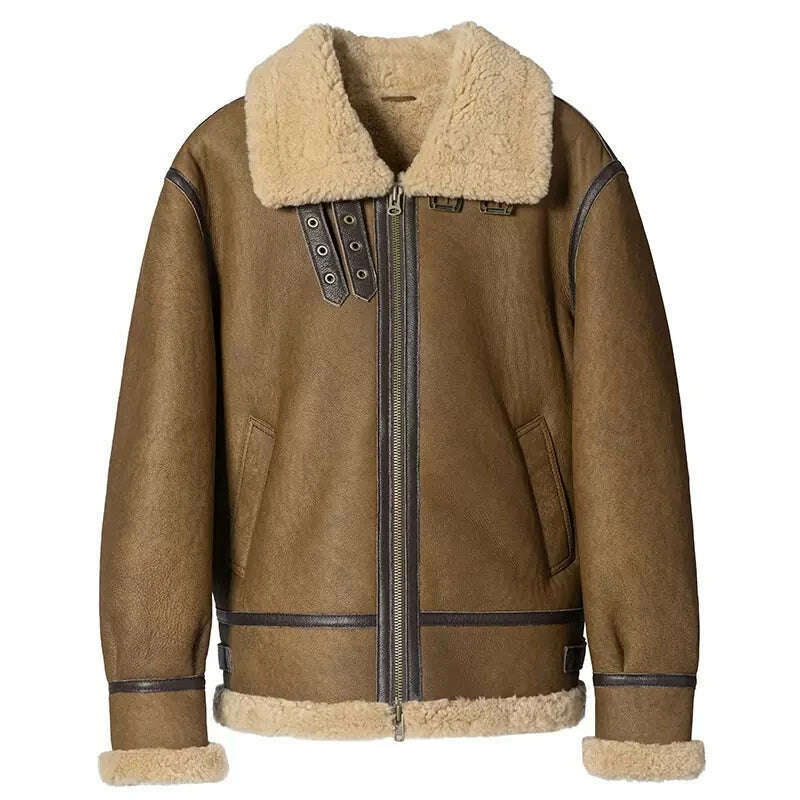 KIMLUD, Men Thick Winter Shearling Sheepskin Genuine Leather Coat Male B3 Bomber Aviator Outerwear Trench Flight Real Leather Jacket, Khaki / S, KIMLUD Women's Clothes