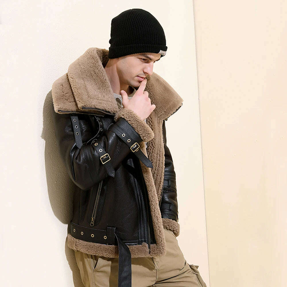 KIMLUD, Men Thicken Dark Brown Genuine Leather Jackets Double Collars Slim Belts Businessmen Formal Causal Real Fur Coats, Brown / M, KIMLUD Womens Clothes