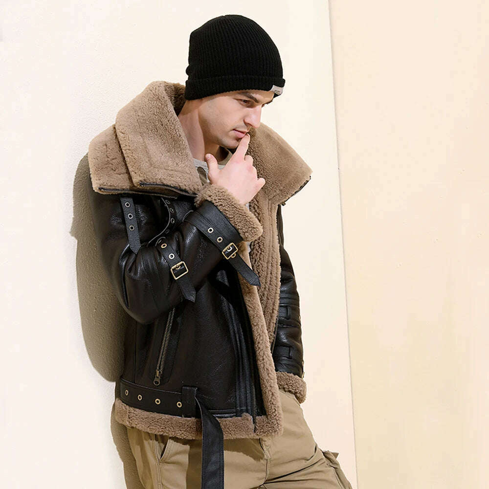 KIMLUD, Men Thicken Dark Brown Genuine Leather Jackets Double Collars Slim Belts Businessmen Formal Causal Real Fur Coats, Brown / M, KIMLUD APPAREL - Womens Clothes
