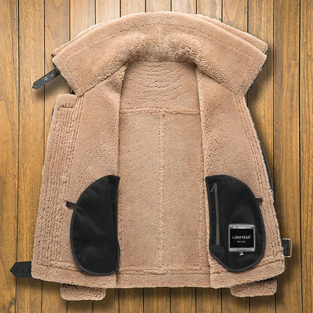 KIMLUD, Men Thicken Dark Brown Genuine Leather Jackets Double Collars Slim Belts Businessmen Formal Causal Real Fur Coats, KIMLUD Womens Clothes