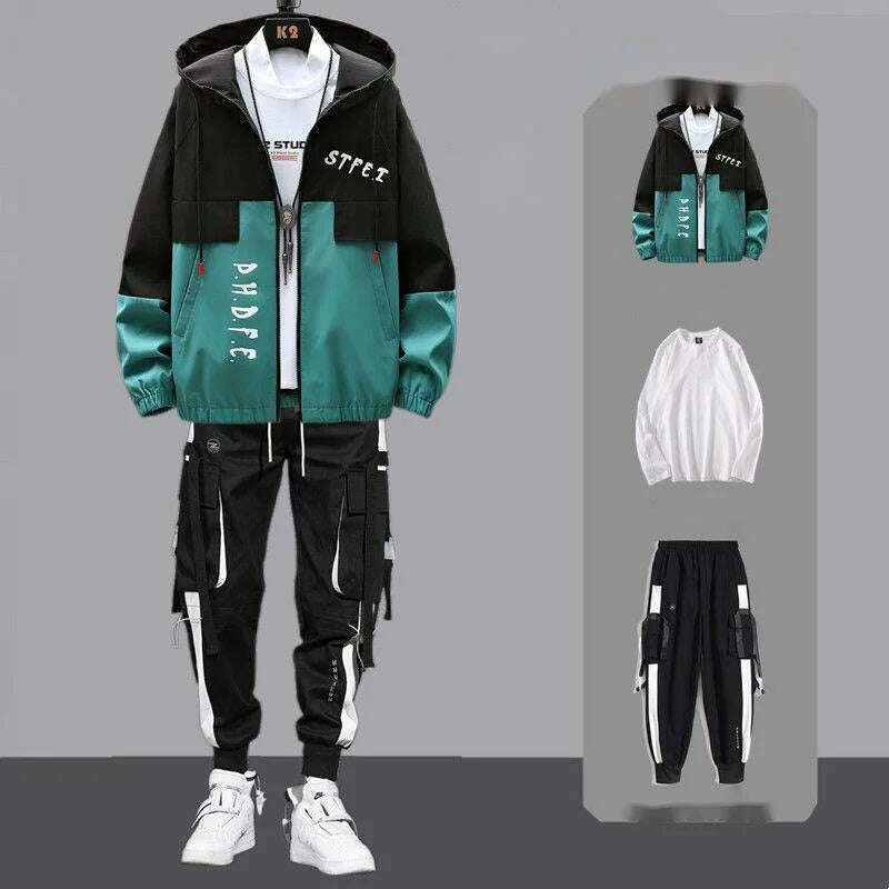 KIMLUD, Men Tracksuit Autumn Sportswear Two Piece Sets Man Hip Hop Fashion Sweatpants Brand Clothing Mens Students Sweatsuit Hoodie Suit, L158-165cm 50-57kg / green 1, KIMLUD Women's Clothes
