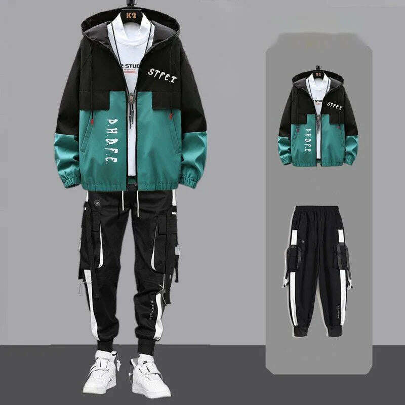 KIMLUD, Men Tracksuit Autumn Sportswear Two Piece Sets Man Hip Hop Fashion Sweatpants Brand Clothing Mens Students Sweatsuit Hoodie Suit, L158-165cm 50-57kg / green, KIMLUD Women's Clothes