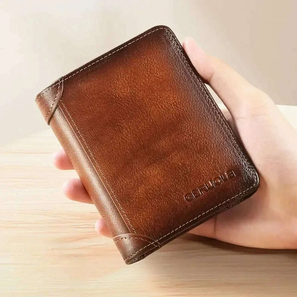 KIMLUD, Men Wallet Genuine Leather Rfid Blocking Trifold Wallet Vintage Thin Short Multi Function ID Credit Card Holder Male Purse Money, KIMLUD Womens Clothes