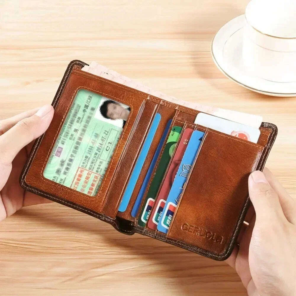 KIMLUD, Men Wallet Genuine Leather Rfid Blocking Trifold Wallet Vintage Thin Short Multi Function ID Credit Card Holder Male Purse Money, KIMLUD Womens Clothes
